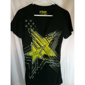 Vintage FOX Rockstar‎ Graphic Tee V-Neck Short Sleeve Casual Top Black Large